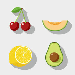 Fruit flat design long shadow icons set. Two cherries, melon slice, halved lemon, avocado. Vector symbols