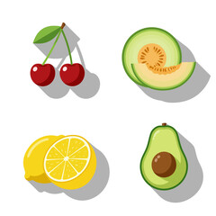 Fruit flat design long shadow icons set. Two cherries, melon slice, halved lemon, avocado. Vector symbols
