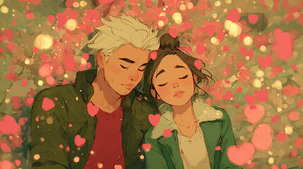 Couple Amidst Blossoms: A tender illustration of a couple embraces amidst a gentle shower of heart-shaped blossoms, expressing a moment of love and serenity.