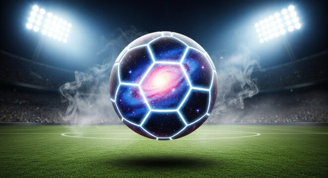Cosmic soccer ball with galaxy design floating above a vibrant green soccer field