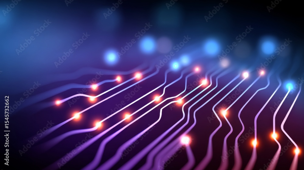 Poster close-up of neon-lit circuit board pattern with glowing lights and intricate lines
