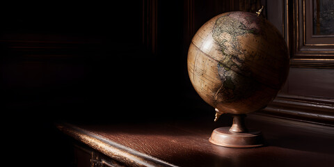 Detailed close-up of a 17th-century globe on a dark wooden desk symbolizing exploration on Columbus Day.