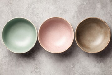 Three empty, pastel-toned ceramic bowls arranged in a row on a textured gray surface