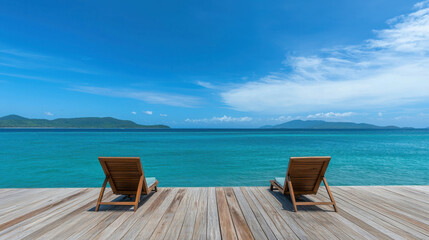 Serene Beachfront View with Wooden Lounge Chairs Overlooking Crystal Clear turquoise Water and Dramatic Sky in Vibrant Tropical Paradise Landscape