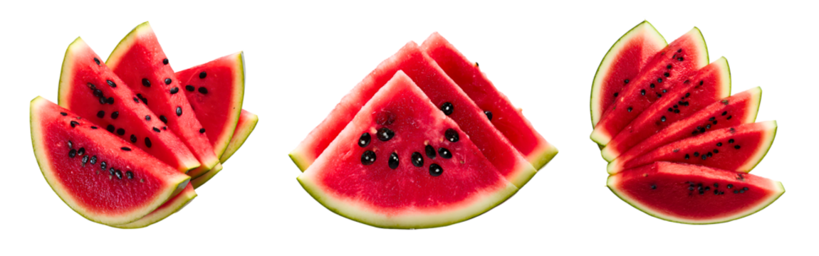 Collection of perfectly sliced watermelons with vibrant red flesh and black seeds arranged in fan shape isolated on a white or transparent background