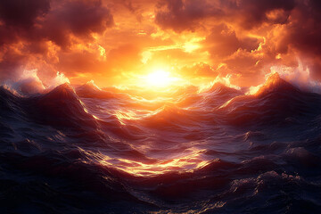 Fiery sunset dramatic ocean waves seascape background image
