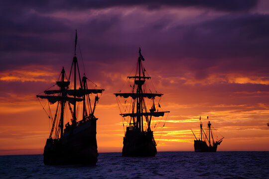 Nina, Pinta, and Santa Maria silhouettes gracefully sailing into a sunset on Columbus Day.
