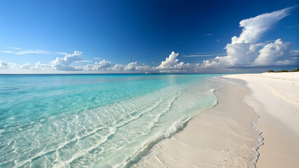 Stunning turquoise water laps a pristine white sand beach under the blue sky