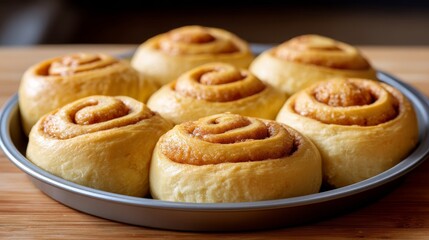 Freshly Baked Cinnamon Rolls with Golden Brown Swirls Arranged Neatly in a Round Baking Tray