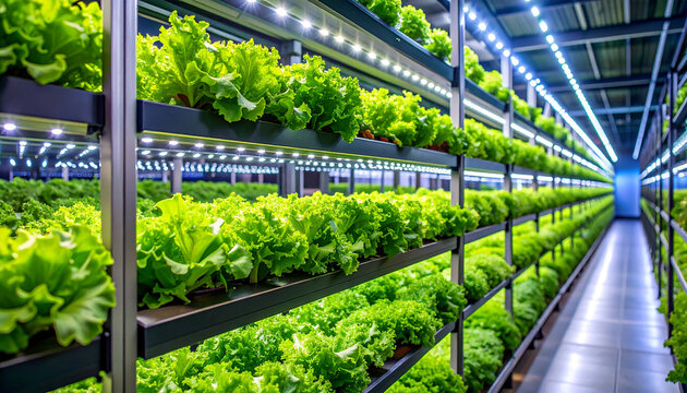 Vertical Farm Flourish: An innovative indoor vertical farm flourishes with rows of vibrant, thriving lettuce, illuminated by energy-efficient LED lights. - Powered by Adobe