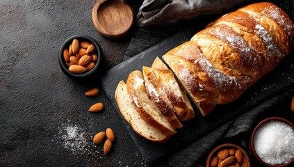 A sliced loaf of sweet bread, dusted with powdered sugar, rests on a dark slate board, surrounded by almonds and bowls