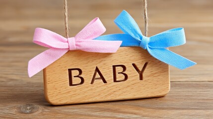 Wooden Nameplate Engraved with Baby Surrounded by Pink and Blue Ribbons on Rustic Wooden Surface