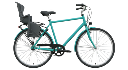 Turquoise bicycle with a child seat attached to the back, ideal for urban family transportation.