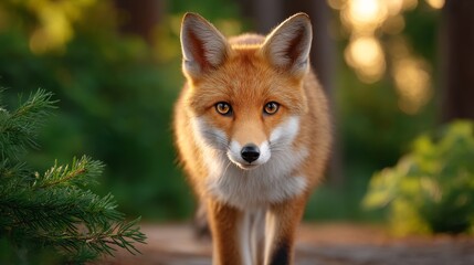 Fototapeta premium Young Fox Emerging From The Forest With Striking Orange Fur And Intriguing Eyes In Soft Natural Light