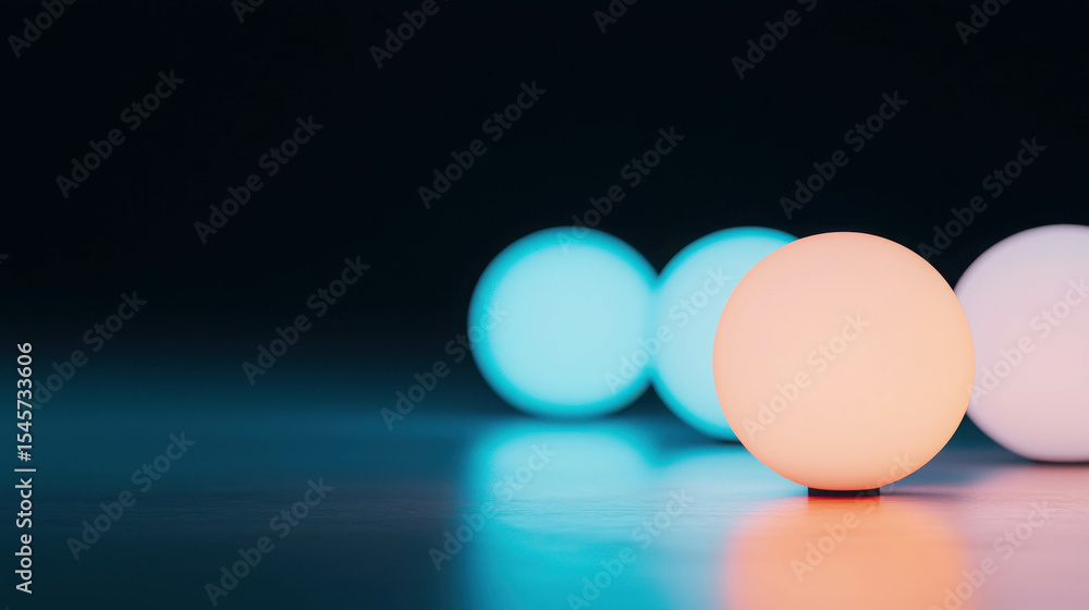 Poster softly glowing spheres in dim environment with colorful gradient lighting and smooth surface reflect