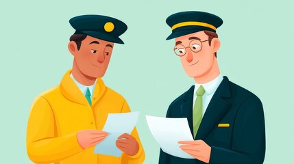 Two Bus Drivers Engaged in Document Discussion Wearing Distinct Uniforms Against Light Green Background