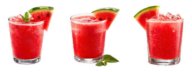 Collection of refreshing glasses filled with watermelon juice with condensation and slice garnish isolated on a white or transparent background