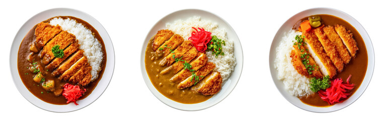 Set of Japanese curry rice meals served with breaded pork cutlet katsu and pickled ginger isolated on a white or transparent background