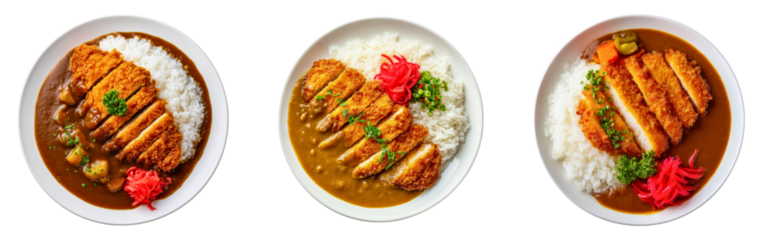 Set of Japanese curry rice meals served with breaded pork cutlet katsu and pickled ginger isolated on a white or transparent background