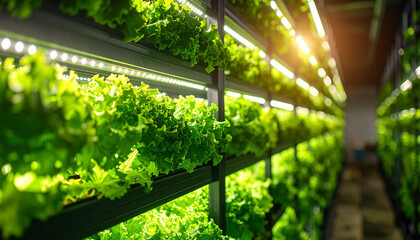 Vertical Farming: A modern farm growing leafy vegetables, bathed in the glow of sustainable LED lighting, epitomizing the future of food production.