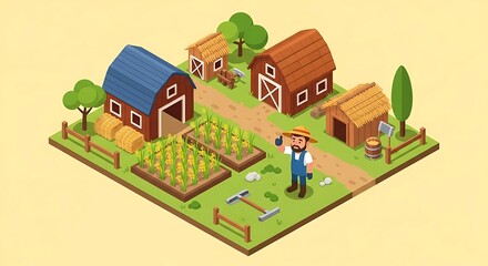 Charming Isometric Farm Illustration Rural Life, Agriculture, Farming, Countryside, Barns