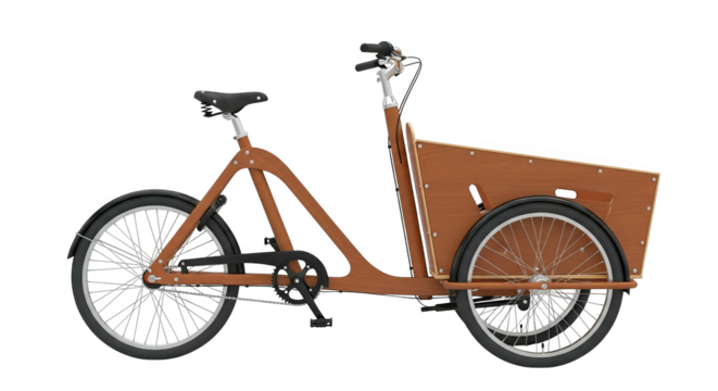 A stylish, wooden cargo bike is captured in a detailed, low resolution studio shot profile view.