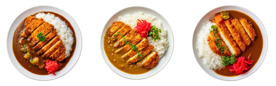 Set of Japanese curry rice meals served with breaded pork cutlet katsu and pickled ginger isolated on a white or transparent background - Powered by Adobe