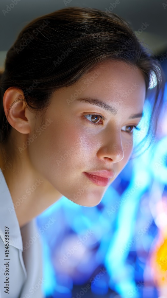 Poster close-up of focused asian researcher analyzing data on a futuristic interface with vibrant colors in