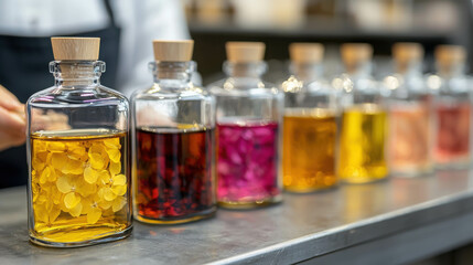 Colorful Essential Oil Bottles with Wooden Caps Displayed on a Shelf in a Modern Workspace