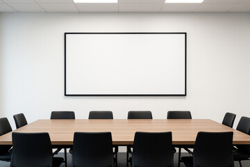 Blank frame mockup on the wall of a modern, bright corporate meeting room with a conference table.