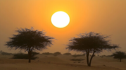 Fototapeta premium Desert sunset landscape silhouetted trees and golden hues