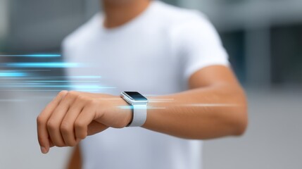 Obraz premium Person Wearing Smartwatch Demonstrating Motion and Modern Lifestyle in Urban Environment