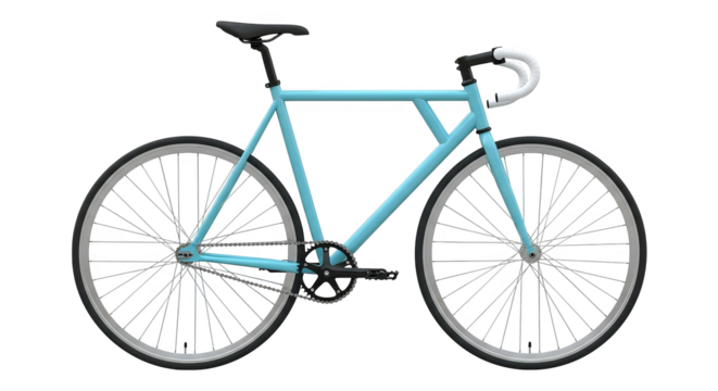 Side view of a light blue fixie bike, featuring white handlebars and a classic design aesthetic.