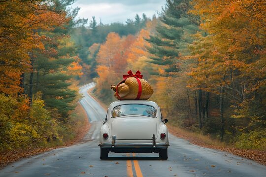 Fototapeta A thanksgiving turkey wrapped with a festive red bow on top of a vintage car driving down a scenic road.