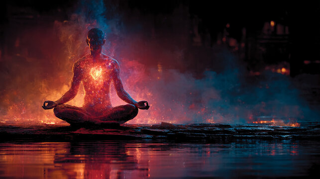 Ethereal figure in meditation with a glowing heart center, enveloped by a radiant aura. Symbolizes inner peace, spirituality, and emotional healing in a calm, serene atmosphere. Caption space on the s