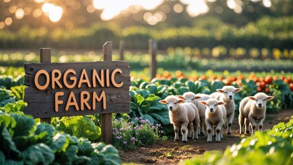 Organic farm scene: Lambs graze peacefully amidst lush crops and a wooden sign.