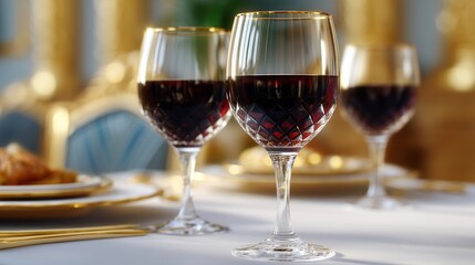 High-End Wine Glasses Filled with Red Wine on Elegant Dining Table Decorated with Golden Accents