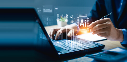 AI-powered business data analytics and dashboard performance report visualization, futuristic digital interface for smart decision making, technology for enterprise insight and intelligent analysis