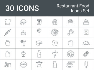 Food and Restaurant Outline Icons Set. Restaurant Food Menu Icons. Including food items,
restaurant symbols, and related objects. Includes burgers, pizza, desserts, and more