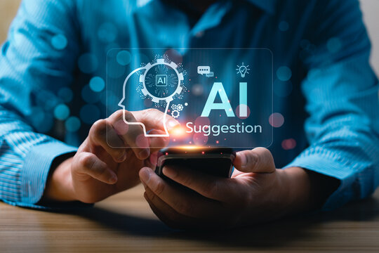Close-up hand using smartphone with hologram interface showing AI suggestion system, symbolizing artificial intelligence, recommendation algorithm, and personalized smart technology in digital age.