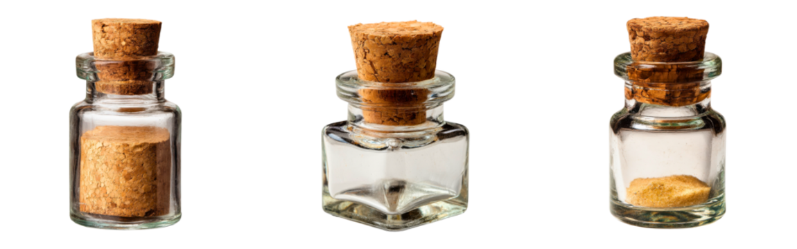 Set of small glass containers with cork stoppers perfect for storing rare spices isolated on a white or transparent background