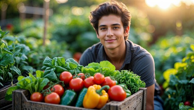 A young man proudly displays a bountiful harvest of fresh vegetables from his garden. - Powered by Adobe