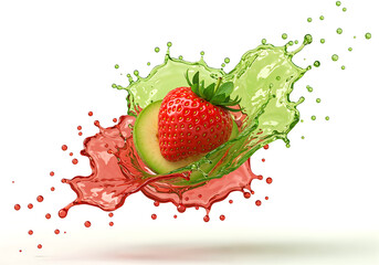 Dynamic green liquid splashes around fresh strawberries and melon slices against a vibrant white background.