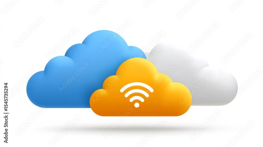 Poster conceptual illustration of cloud computing with colorful 3d clouds representing connectivity and tec