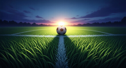 Captivating soccer ball resting on a vibrant green field at sunset scene