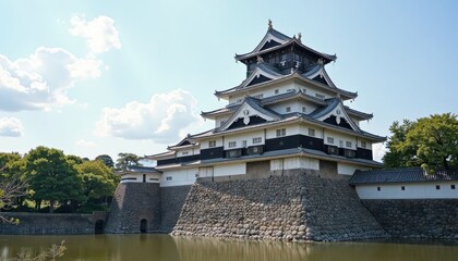 A multi-storied castle with a stone wall and moat.