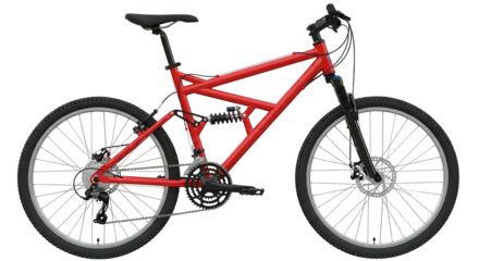 A vibrant red mountain bike with detailed components conveys movement, ideal for outdoor recreation.