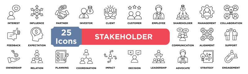 Stakeholder icon collection set. Containing interest,influence,partner,investor,client,customer,employee,shareholder,management,collaboration icon. Simple line vector.