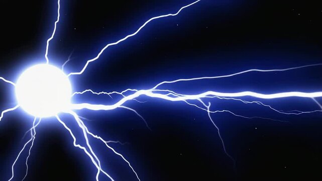 A glowing energy sphere emits electric lightning bolts, symbolizing power, electricity, and dynamic energy in a digital animation.