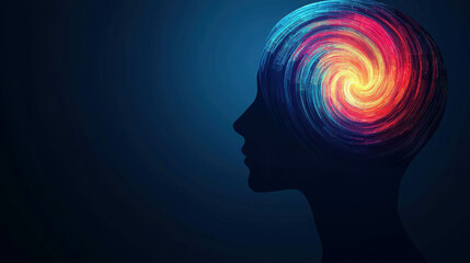 Abstract representation of a human head silhouette with swirling colors symbolizing creativity, intelligence, imagination, and mental exploration in a dark background